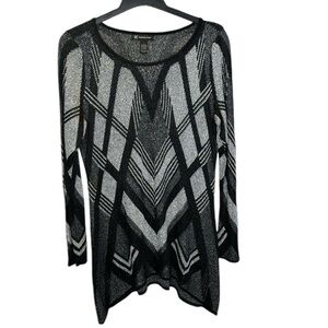INC Black Silver Shark Bite Tunic Knit Sweater Geometric Print Holiday Large